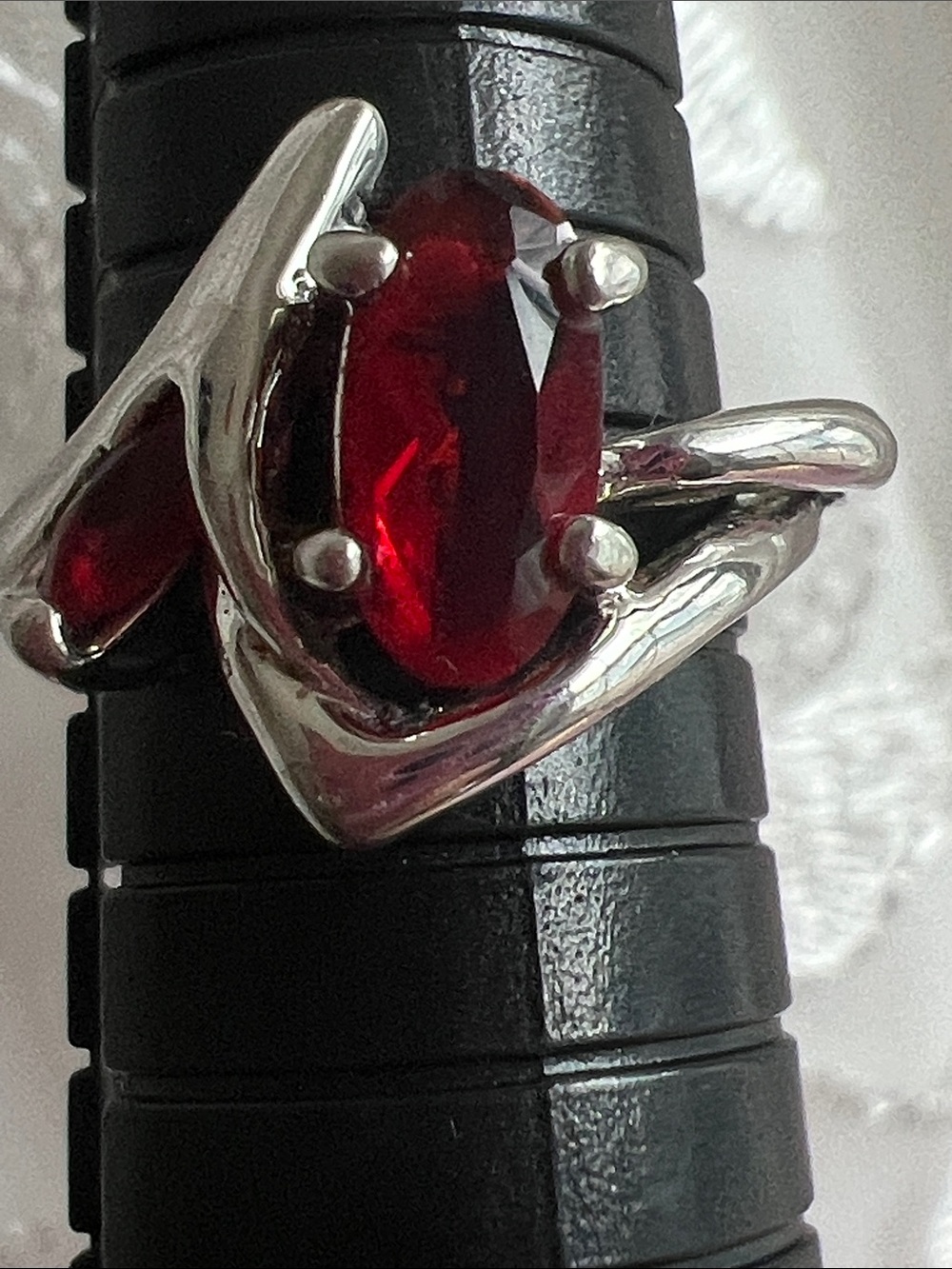 Sterling Silver Red Garnet-Style Oval Ring